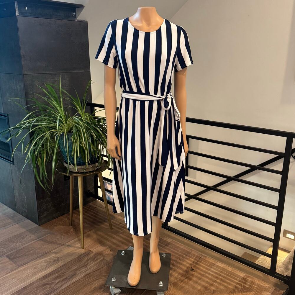 Levaca Striped Tie Waist Casual Midi Dress Blue White Pockets L Summer Nautical
